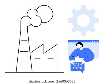 Industrial factory with a smokestack emits fumes alongside a person using a cash back service on a computer. Ideal for environmental impact, industrial processes, online shopping, e-commerce finance