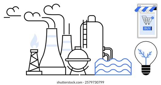 Industrial factory with smokestacks alongside symbols of online shopping and a light bulb with a tree inside. Ideal for industry, manufacturing, energy resources, e-commerce, technology, environment