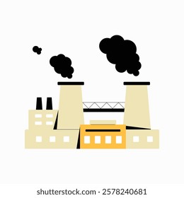 Industrial Factory With Smokestacks Releasing Pollution In Flat Vector Illustration Symbolizing Air Pollution And Environmental Impact, Isolated On White Background