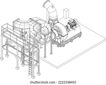 Industrial factory structure ducts valves and pipelines 3d line isometric illustration vector