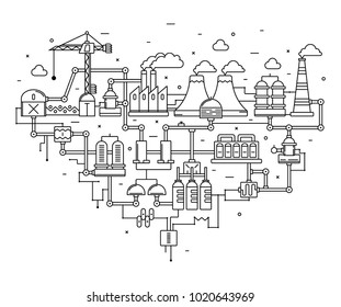 Industrial factory technology process with ecology concept. Thin Line. Flat style. Line art illustration.

