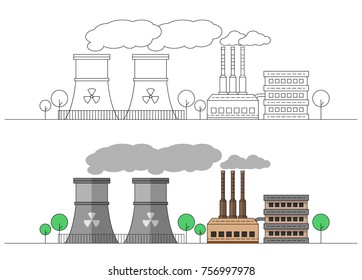 Industrial factory with two nuclear stations. Vector flat and linear illustration. Colouring.  Painting. Editable. Landscape. Pipes with smoke. EPS10