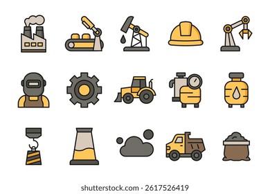 Industrial and factory vector icon pack in solid line style. Simple and minimalist theme icons
