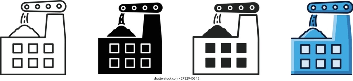 Conjunto de iconos de Vector de fábrica de Industrial con material de vertido de transportador, que se muestra en contorno, sólido, duotono y estilo coloreado para la fabricación, producción, industria.