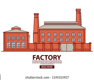 Industrial factory warehouse .Factory building.Flat vector.Old vintage plant.Brick architecture smoking chimney.Concept industry production.