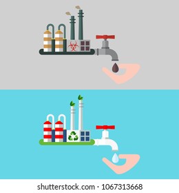 Industrial factory and water with toxic waste. Environmentally friendly manufacture and water purification system. Ecology design concept with air, water, soil pollution. Flat vector illustration.