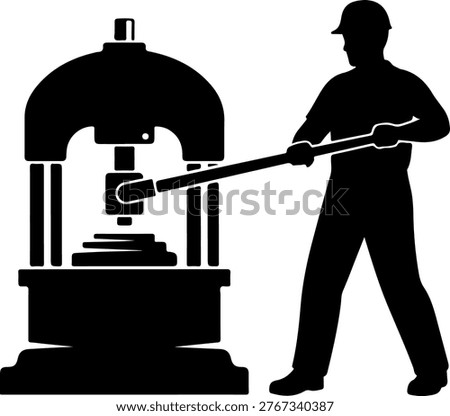 Industrial factory worker silhouette operating a heavy hydraulic press machine or metal forging equipment in a manufacturing plant workshop for metalwork and engineering concepts.