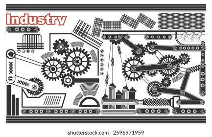 Industrial fantasy background, retro style wallpaper. Gears, belt drives, hinges and more. Vector illustration