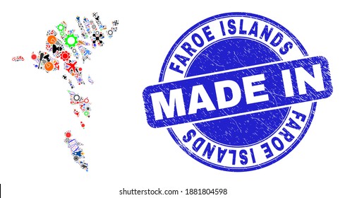 Industrial Faroe Islands map mosaic and MADE IN textured watermark. Faroe Islands map mosaic designed with spanners, gearwheels,screwdrivers,components,transports,electricity strikes,details.