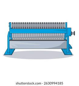 Ilustração da prensa de filtros industriais mostrando o sistema de filtragem mecânica usado no tratamento de águas residuais, mineração e indústrias químicas para a separação sólido-líquido.