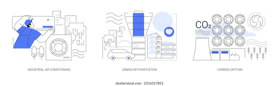 Industrial filtration systems abstract concept vector illustration set. Industrial air conditioning, urban air purification from gas emissions and smoke, carbon capture equipment abstract metaphor.