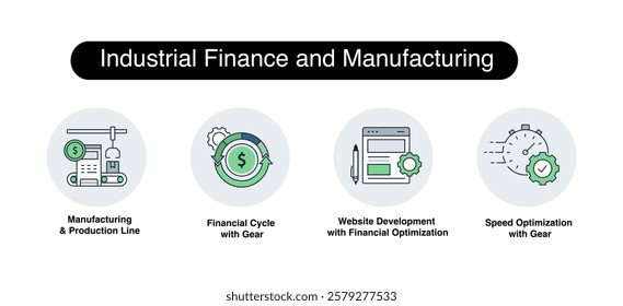 Industrial Finance and Manufacturing. Manufacturing and Production Line, Financial Cycle with Gear, Website Development with Financial Optimization, Speed Optimization with Gear