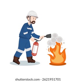 Industrial firefighter engineer using extinguisher to put out fire, safety concept illustration for emergency training materials.