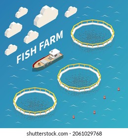 Industrial Fish Farming Isometric Background Composition With Fishing Vessel Open Pen Sea Cages Seafood Production Vector Illustration