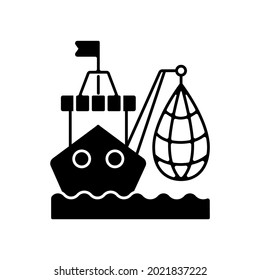 Industrial fishing black linear icon. Selling fish and fish products. Commercial fishing industry. Overfishing endanger. Efficient catches. Outline symbol on white space. Vector isolated illustration