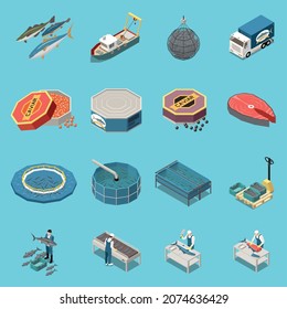 Industrial fishing farming isometric set with vessel seafood transportation nets salmon fresh capture butchering sale vector illustration