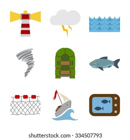 Industrial fishing icons set. Flat design. Isolated on white background. Vector illustration.