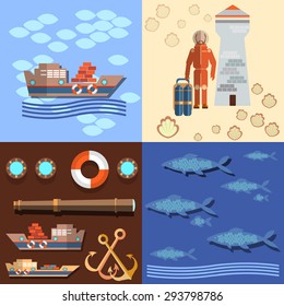 Industrial fishing in the oceans and seas, diver, lighthouse,
salmon, ships, anchors, underwater study of the ocean, flat vector Illustration  