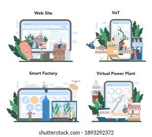 Industrial fishing online service or platform set. Capture fisheries, seafood production and farming. Exotic food. Online IIoT, smart factory, VPP, website. Isolated flat vector illustration