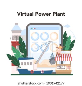 Industrial fishing online service or platform. Capture fisheries, seafood production and farming. Exotic food. VPP, virtual power plant. Isolated flat vector illustration