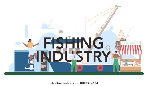 Industrial fishing typographic header. Capture fisheries, seafood production and farming. Delicious exotic food from ocean or sea. Isolated flat vector illustration