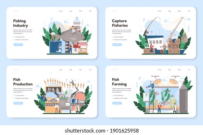 Industrial fishing web banner or landing page set. Capture fisheries, seafood production and farming. Delicious exotic food from ocean or sea. Isolated flat vector illustration