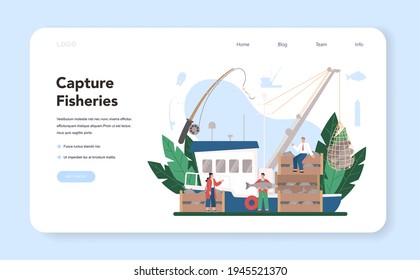 Industrial fishing web banner or landing page. Capture fisheries,