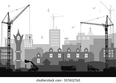 Industrial flat style city under construction background. Vector illustration