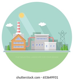 Industrial in flat style a vector. Plant or Factory Building. road tree window facade Manufacturing. Eco style. City landscape. background illustration Infographics