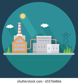 Industrial in flat style a vector. Plant or Factory Building. road tree window facade Manufacturing. Eco style. City landscape. background illustration Infographics