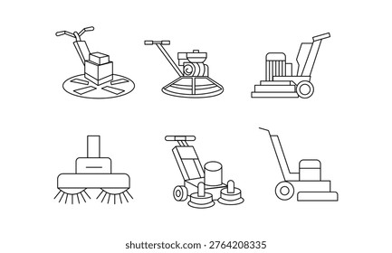 Industrial floor polishing and grinding machine icon set for concrete surface treatment equipment.Editable stroke, Vector illustration, Line art Icon, Symbols.