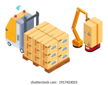 Industrial forklift with wooden pallet with card boxes, postal transportation. Gps signal. Robot packing boxes with adhesive tape. Isometric 3d truck with boxes and robotic machine packaging