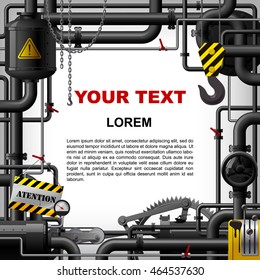 Moldura industrial com tubos pretos e engrenagens de máquinas. Ilustração vetorial
