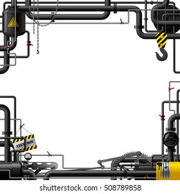 Industrial frame with black pipes and machine gears. Vector illustration