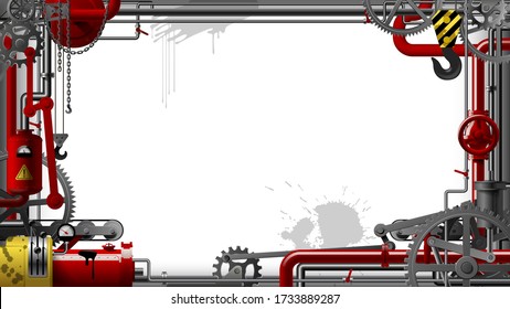 Industrial frame with gears, levers, pipes, meters, production line, flue and lifting crane. Symbol and metaphor of technology and industry. Vector illustration