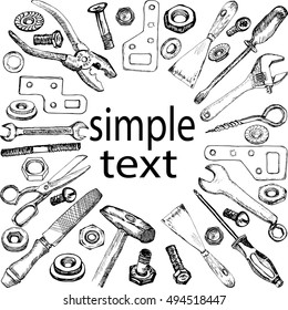 Industrial frame with hand drawn tools. Vector