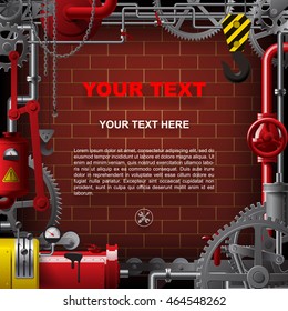 Industrial frame with pipes and machine gears against the brick wall background. Vector illustration