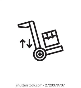 Ícone de elevador de carga industrial com um caminhão de mão resistente e setas direcionais, simbolizando o manuseio de material vertical, transporte de mercadorias de depósito e logística eficiente em vários níveis.