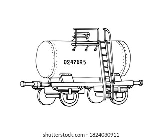 industrial freight railroad tank for liquid fuel, logistic, railway cargo transportation, vector illustration with black contour lines isolated on a white background in a doodle & hand drawn style