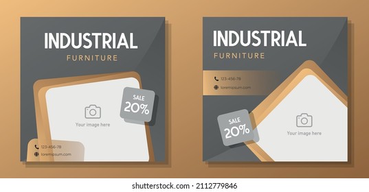 Industrial furniture social media post banner set, home decor advertisement concept, interior shop marketing square ad, modern abstract flyer, leaflet, isolated.