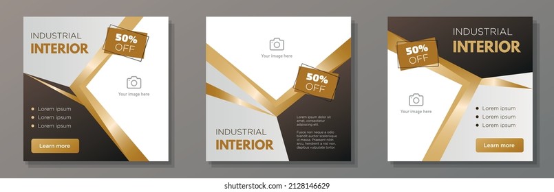 Industrial furniture social media post, banner set, rustic style interior advertisement concept, living room decor marketing square ad, abstract print, isolated on background.