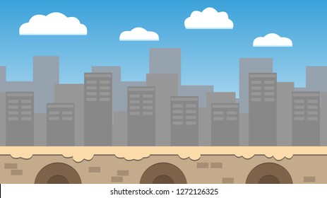 industrial game background with buildings and platform
