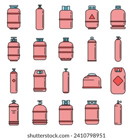 Industrial gas cylinders icons set. Outline set of industrial gas cylinders vector icons thin line color flat on white