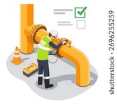 Industrial gas engineer inspecting large yellow pipeline using ultrasonic device to ensure safety standards and maintenance reliability