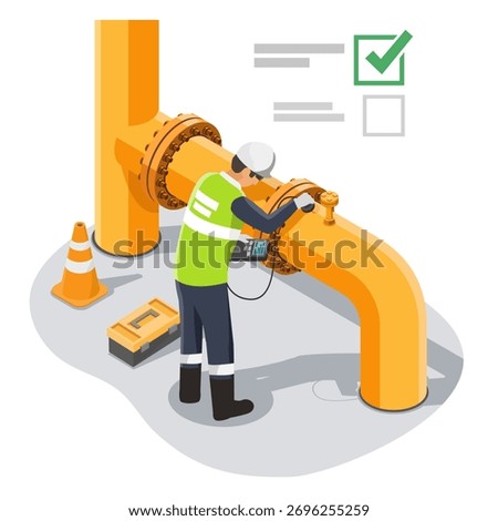 Industrial gas engineer inspecting large yellow pipeline using ultrasonic device to ensure safety standards and maintenance reliability