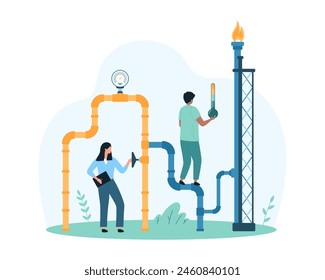 Industrie und Gewerbe Gas Engineering, Inspektion des Rohrleitungssystems auf Druck- und Temperatursicherheit. Winzige Leute überprüfen mit Thermometerturm des Feuers, Rohr und Ventil auf Lecks Cartoon Vektorillustration