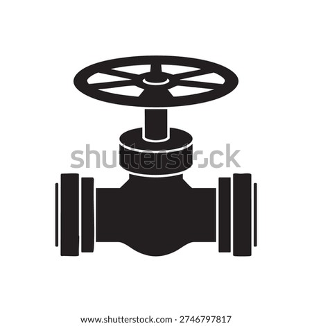 Industrial gate valve vector graphic depicts a crucial plumbing control device featuring a large circular handwheel used for regulating fluid movement through connected piping systems.