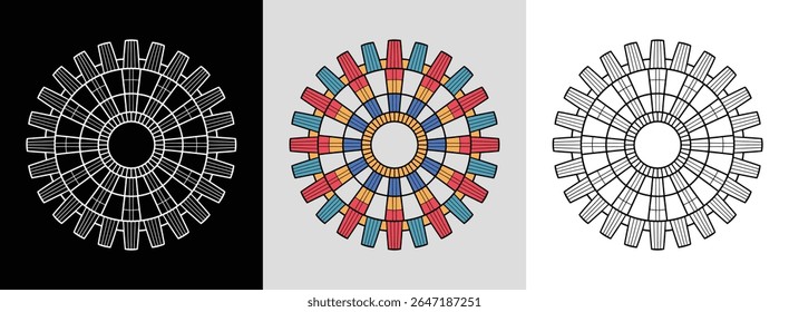 Mandala de engrenagem industrial com simetria angular e seções geométricas vívidas para decoração em negrito.