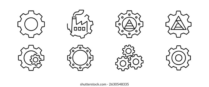 Conjunto de ícone de contorno de engrenagem industrial - máquinas, ferramentas, símbolos de engenharia mecânica