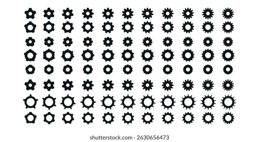 Industrial gear silhouette with sprocket teeth. Black mechanical symbols for technology concept. Flat vector illustration isolated on white background.